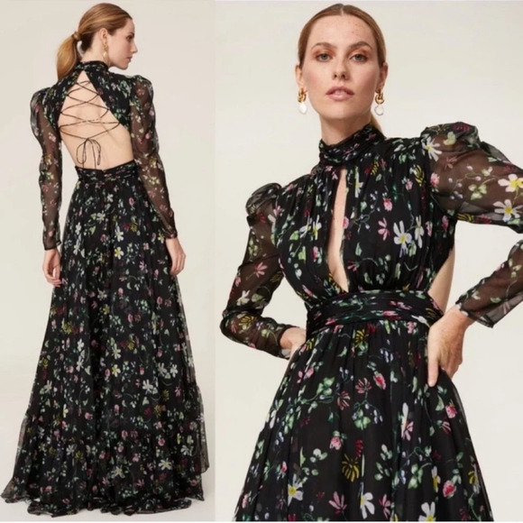 NEW Mac Duggal 67942 Lace Up Back Black Floral Gown Sz 0 - Picture 2 of 7